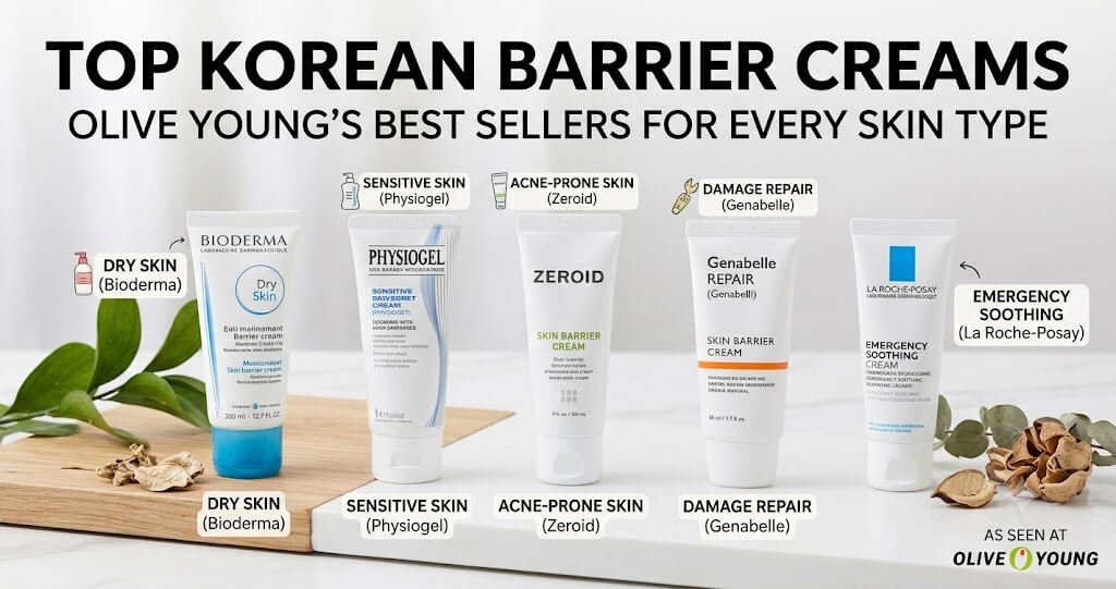 Best Korean barrier creams at Olive Young for every skin type featuring Bioderma, Physiogel, Zeroid, Genabelle, and La Roche-Posay