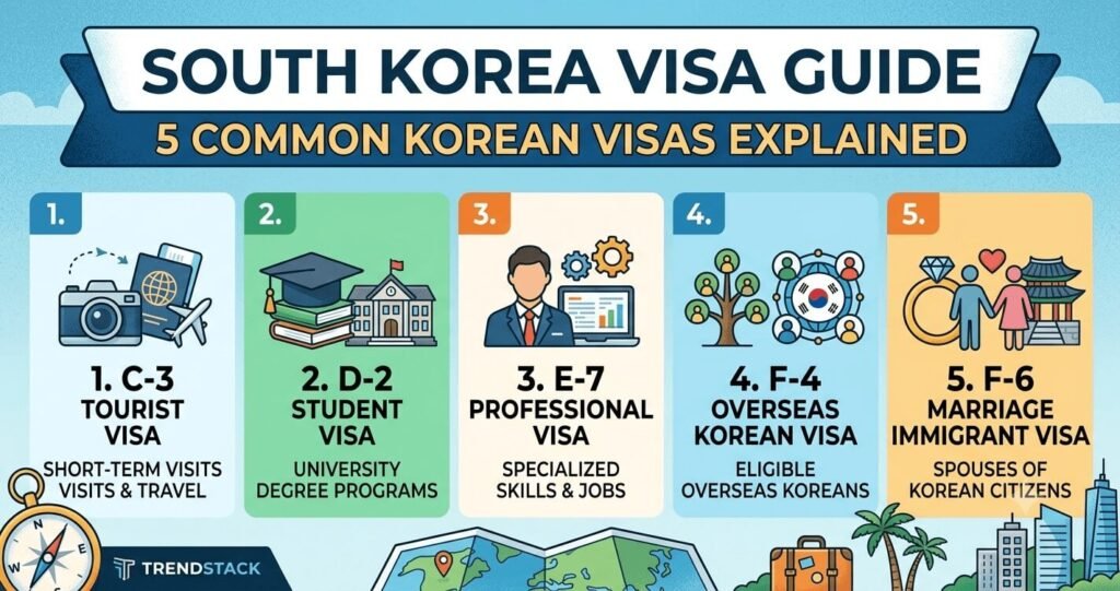 Comprehensive guide to the 5 most common South Korea visas including Tourist, Student, Professional, Overseas Korean, and Marriage Immigrant types by TrendStack.