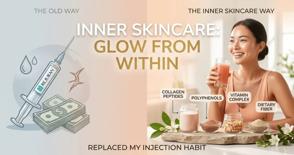 Inner Skincare Supplements: Collagen, Polyphenols, Vitamins, Fiber replacing Rejuran Injections