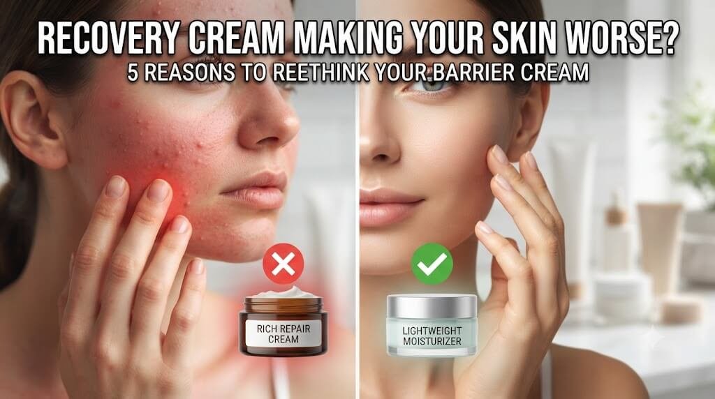 Split image showing irritated skin with a red 'X' and acne versus clear skin with a green checkmark, illustrating the blog post 'Can Cica or Barrier Creams Actually Make Your Skin Worse?'.