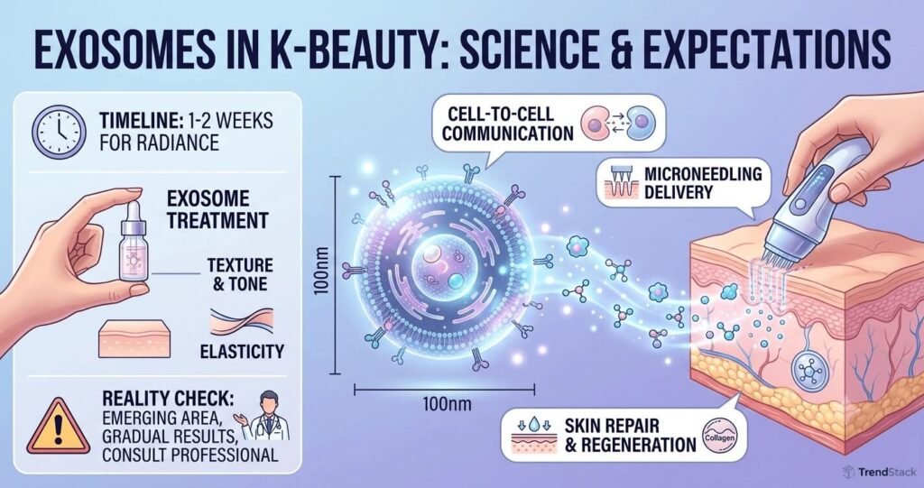 An infographic explaining Exosomes in K-Beauty, illustrating their science, delivery methods like microneedling, and skin benefits for texture and tone.
