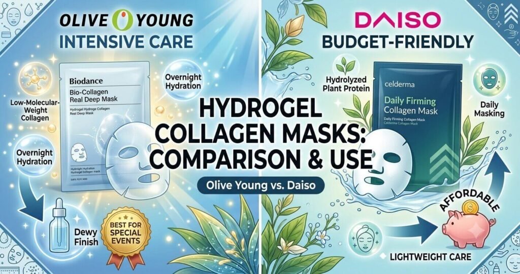 Hydrogel Collagen Masks Comparison: Olive Young Biodance vs Daiso Celderma