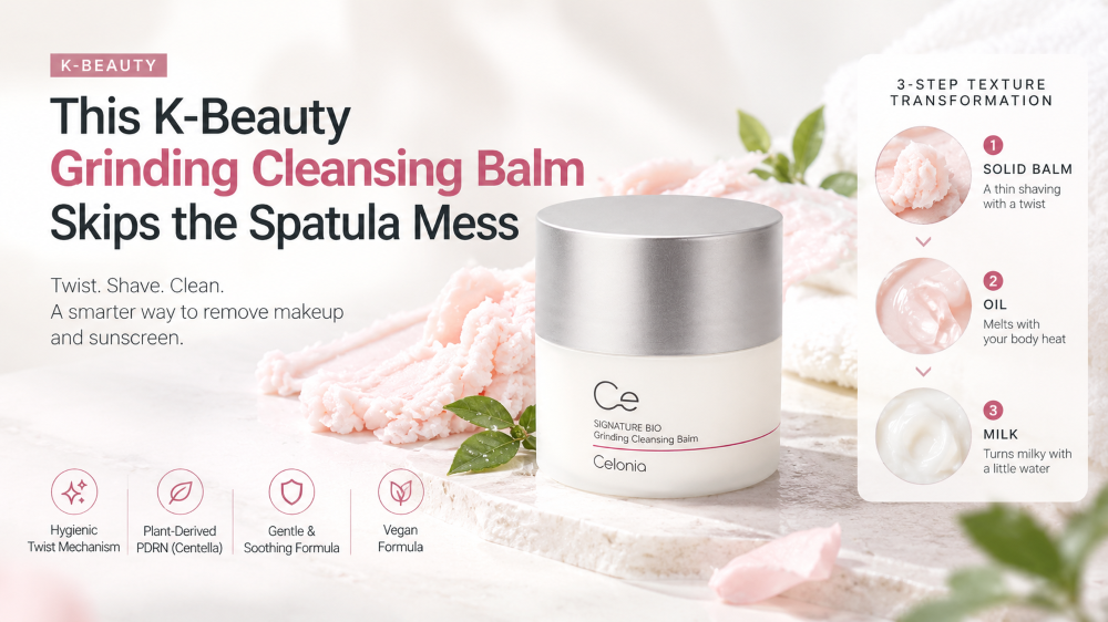 Celonia Signature Bio Grinding Cleansing Balm with twist-to-dispense cleansing balm texture