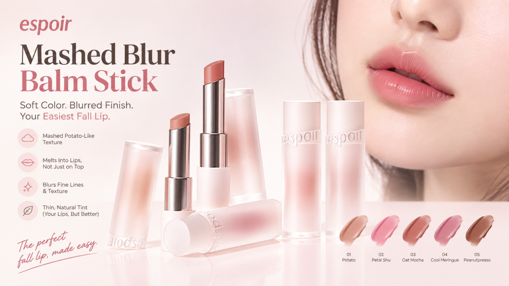 ESPOIR Mashed Blur Balm Stick in five shades, featuring soft blurred lip color and a natural fall lip makeup look.