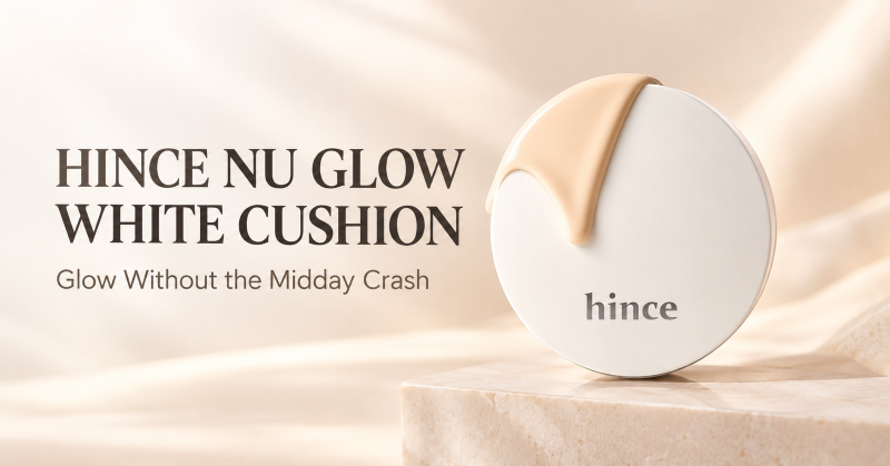 Hince Nu Glow White Cushion with a dewy glow finish and cream swatch