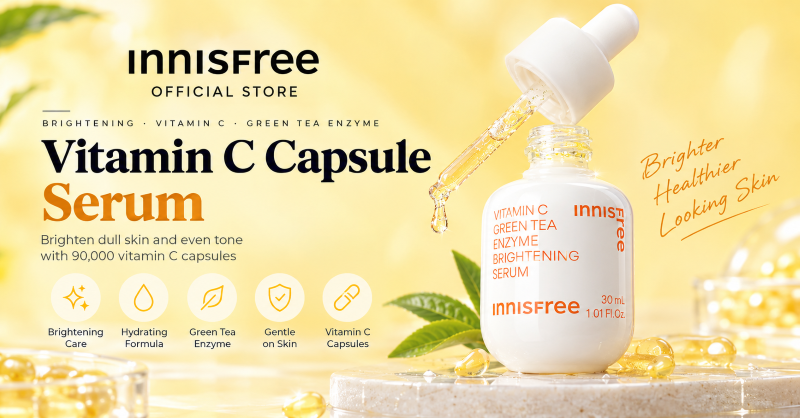Innisfree Vitamin C Capsule Serum dropper bottle with small yellow capsules visible in the serum | Innisfree Vitamin C Capsule Serum, 30 mL |