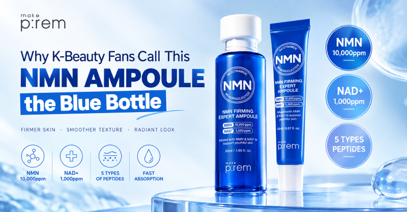Blue pump bottle of MAKEPREM NMN Firming Expert Ampoule facial serum