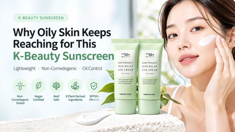 Mint-green tube of Thank You Farmer Sun Project Skin-Relief Sun Cream with a white label showing SPF50+ PA++++.